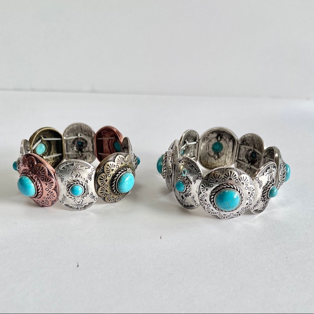 Silver Stretch Bracelets, Lot of 2 NWOT Bracelets, Turquoise Cabochon Bracelets,